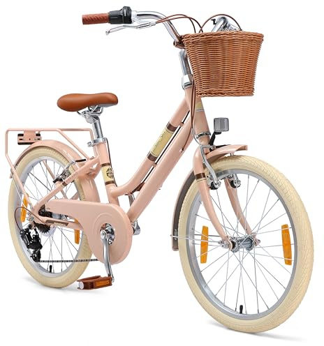 BIKESTAR Bicicletta per bambini in alluminio da 6-7 anni | Bicicletta retro da città da 20 pollici, 7 velocità, cestino, freno a V | Rosa