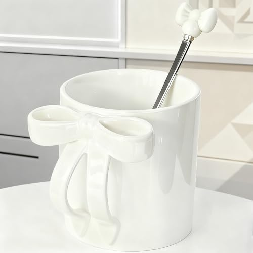 Disoza Taza de café blanca con lazo de 350 ML, taza de cerámica con lazo y asa, taza linda de porcelana para café, té