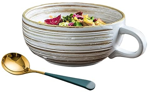 JKXLSLAX Großer Haferflocken-Porzellanbecher Mit Griff, Alte Alte Keramiktasse, Runder Frühstücksbecher Mit Löffel, 410 Ml, Suppenschüssel, Keramikbecher For Milch, Tee, Obst, Eis