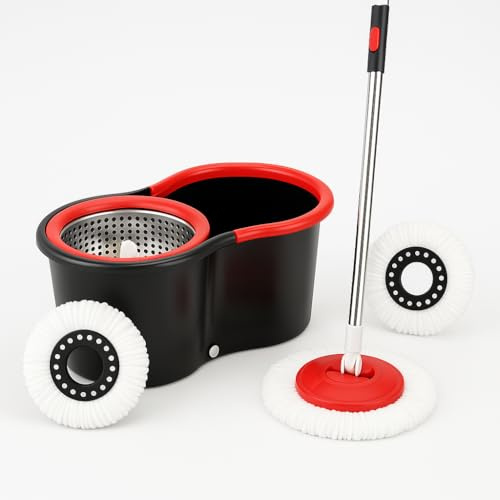 Meown Spin Mop and Bucket Set 10L – Microfibre 360° Flat Mop and Bucket with Wringer – Self-Wringing Spin Mop for Hard Floors, Tile & Wood – 2 Refill Pads – Stainless Steel Handle (Red & Black)