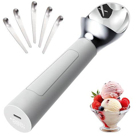 2000mAh Smart Heated Ice Cream Scoop, Electric Heating Thermostatic Ice Cream Scooper with LCD Digital Display & 5 dessert spoons, IP67 Waterproof, Sensing Automatic Switch, 2 Oz Capacity white