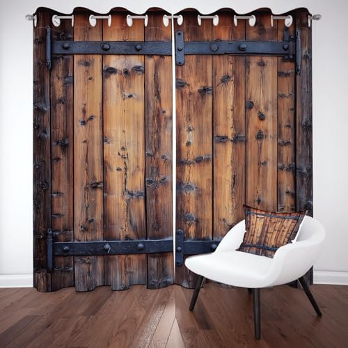 Dpvbffx Rideau Porte de Grange Occultant Isolant Thermique Anti Froid, Rideaux Porte en Bois Rustique Ferme Opaque Lot de 2 À Oeillet, Rideau 140x145 Phonique Anti Bruit pour Chambre, Salon