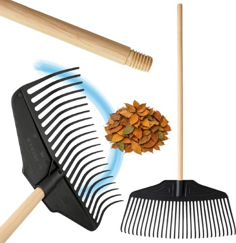 Crisalide® Rastrello da Giardino per Foglie con Manico in Legno 150 cm – Testa Larga in Plastica Flessibile – Ideale per Foglie, Paglia ed Erba – Attrezzo Leggero, Resistente e Maneggevole