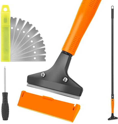 KeFanta Razor Blade Floor Scraper, 4 Wide Heavy Duty Scraper Tool with 45.7 Long Handle, 10PCS Extra Metal Blades, Paint Scrapers for Cleaning Wall Glass Tile Floor Paint Gum Glue Stains Linoleum