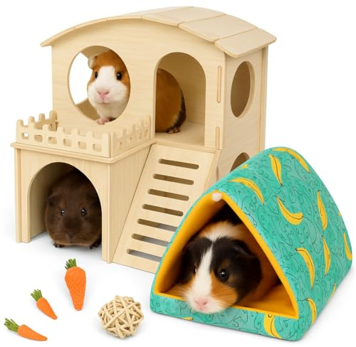 Large Guinea Pig Hideout with Wooden House, Toys & Accessories – Includes Guinea Pig Bed, Castle Hideaway & Chew Toy Bundle with Wooden Hideout, House & Hut Indoor Habitat