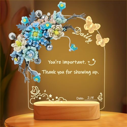HERMORRYSS Nachttischlampe Mit Led Letterboard Weihnachtsgeschenke, Blumen Nachrichtentafel Bausteine Set, Geschenke für Frauen, Kinder, 3d Nachtlicht Nachrichtentafel für Hochzeit (Blau)