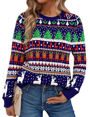 Jezonga Maglione Natalizio Donna Maglia di Natale Divertente Maglioni di Natale Pullover Sweater Stampa Fiocco di Neve Alce a Maniche Lunga Girocollo Festa Natalizie Blu S