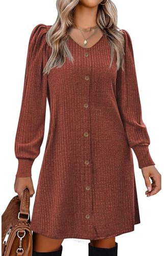 Vossmi Vestidos de Punto Elegante Mujer Casual A-Line Vestido con Botón Dress Manga Abullonadas con Bolsillos Otoño,Terracota M