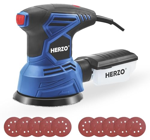 HERZO Lijadora Excéntrica 300W, Lijadora con 13000 RPM, 6 Velocidad Ajustable, 10 PCS Papeles de Lija de 125mm con Caja de Recogida