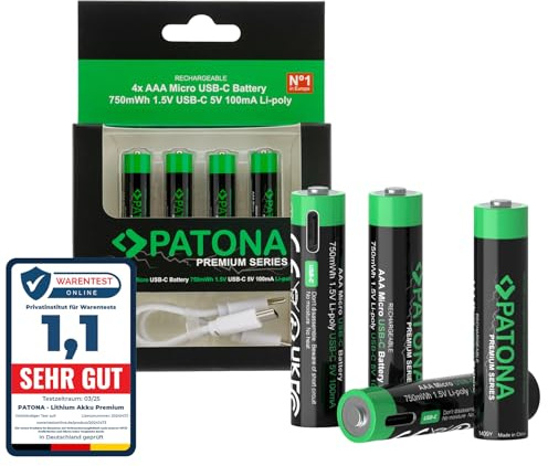 PATONA 8X Premium AAA Micro Batteries, 750mWh 1.5V, Rechargeable Via USB-C | Entrée USB-C 100 mA, câble de charge 1 vers 2 inclus, plus de 1 000 cycles de charge, longue durée de vie