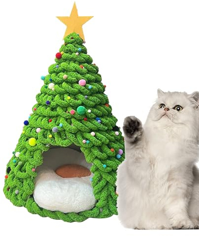 Weihnachtliches Katzenbett mit Weihnachtsbaum, warmes Katzenbett, Katzenhöhle, Haustierunterstand für Hunde und Katzen, ideal für den Innen- oder Außenbereich