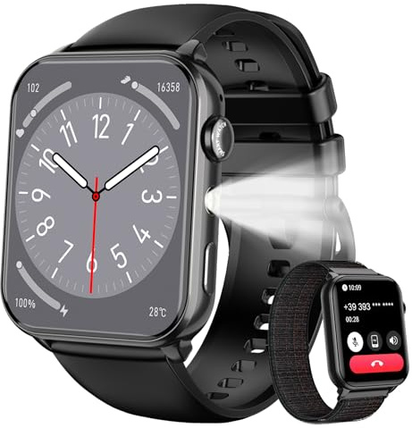 IOWODO Smartwatch Herren Damen | Bluetooth Anrufe & LED-Leuchte | SpO2 & Schlafüberwachung | 350mAh (6+ Tage) | 2 Armbänder (Silicone/Nylon) | Fitnessuhr für Android & iOS | Taschenlampe