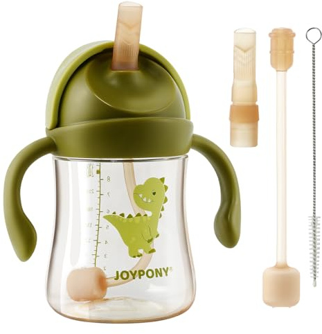 Joypony PPSU Trinklernbecher mit Strohhalm & Gewichtskugel, 266ml (9oz) Baby Trinkflasche Auslaufsicher, inkl. 2 Strohhalme & Reinigungsbürste, Strohhalmbecher ab 6 Monate, BPA-Frei Grün