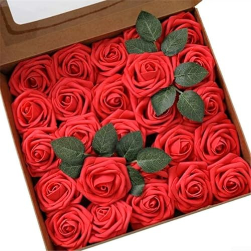 Besttoolifes Confezione da 25 rose artificiali in schiuma con steli per decorazioni per matrimoni, artigianato fai da te e decorazioni per la casa composizioni floreali (rosse)