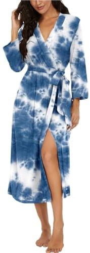 PrinStory Dammorgonrock, lätt 3/4 ärmar, morgonrock, v-ringad, kimono, kläder, långa nattkläder, Tie-Dye blå, L