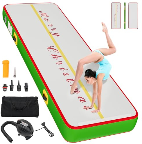DWVO Air Turn TrackMatte 3M,Tumbling Matte Christmas stil mit elektrischer Luftpumpe 10cm Hoch Tumbling Matte,Aufblasbar Gymnastikmatte Turnmatte für Training/Tumbling/Yoga/Fitness