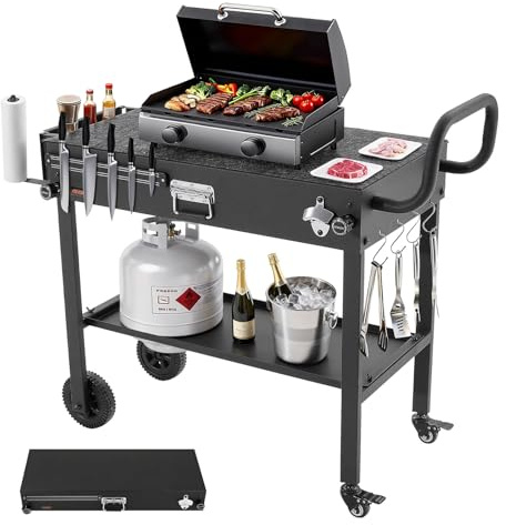 VEVOR Carro de Barbacoa Plegable 787 x 432 mm, Mesa de Barbacoa para Exteriores con Ruedas y Portapañuelos, Carrito con Soporte Magnético para Herramientas, Mesa Auxiliar para Jardín, Picnic, Cocina