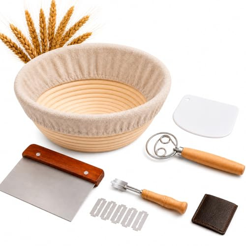 Banneton Bread Proofing Basket Set – Round Proofing Baskets, 100% Natural Rattan Sourdough Bread Making Kit with Dough Whisk, Liner, Bread Lame, Brush & Scraper