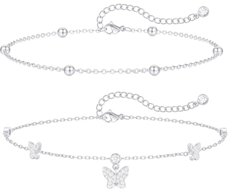 ZOERAY Vristlänk för damer, silver 925, guld, vattentätt, fotvristlänk för kvinnor, silver 18K förgylld, justerbar, fotkedja med pärlor, fjärilar, hjärta, zirkon, kläpp, sommarsmycken, boho, strand