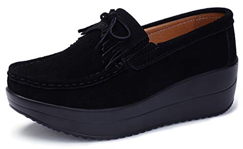 Solshine Women's Suede Leather Platform Wedge Heel Tassel Slip On Loafers Casual Shoes Black4, 5.5UK