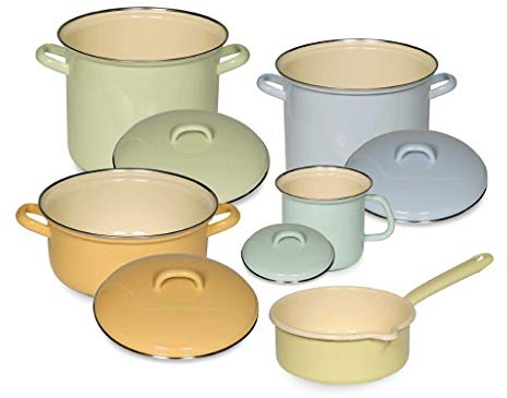 Riess, 0547-006, Emaille-Set 5tlg, BUNT/Pastell, 2 Töpfe mit Chromrand 18, 22 cm mit Deckel, 1 Kasserolle mit Deckel 20 cm, 1 Stielkasserolle 16 cm, 1 Henkeltopf mit Deckel 14 cm, Emaille