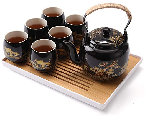 DUJUST Magnifique Service à Thé Japonais, en Porcelaine Noire avec 1 Théière, 6 Tasses, 1 Plateau, 1 Infuseur, Asiatique pour Amateur de Thé (Campagne Dorée)