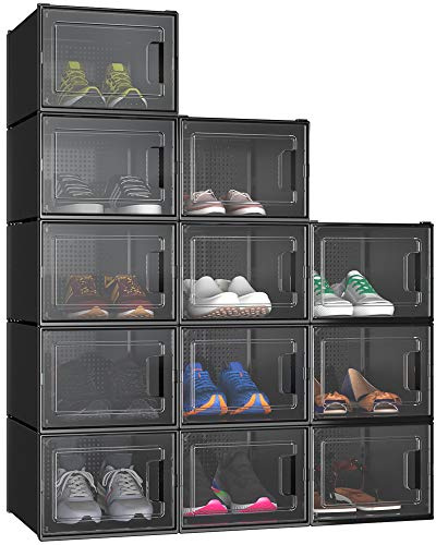 YITAHOME Boîte à chaussures, Lot de 12 boite Rangement Chaussures en Platique Transparente, Empilable et Pliable, pour chaussures jusqu'à la pointure 46 boite a chaussure Respirante Noire