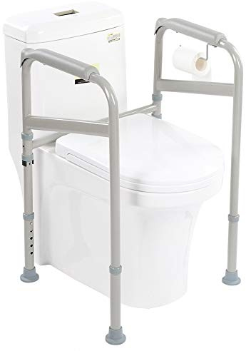 Toilettenstützgestell, Toiletten Halteschiene, Toilettengestell WC-Aufstehhilfe mit rutschfesten Handläufen und Fußpolstern für ältere Menschen, behinderte und schwangere Frauen Hilfe