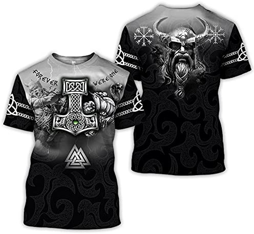 BBYOUTH Odin T-Shirt, 3D Bedruckter Nordischer Mythos Wikinger Rune Tattoo Kurzarm Cosplay Shirt (11 USA Größe),Odin Mjolnir,6XL