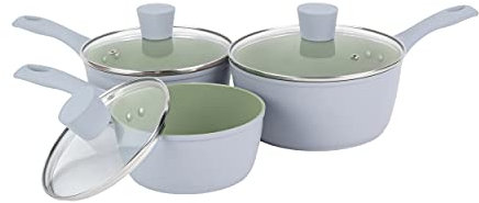 Salter Earth 3pc Saucepan Set – Sustainable Ceramic Non-Stick Coating, PFAS-Free Induction Cookware, Aluminium Cooking Pots with Lids, Easy Clean, PFOA/PTFE-Free, Stay Cool Handles, Green