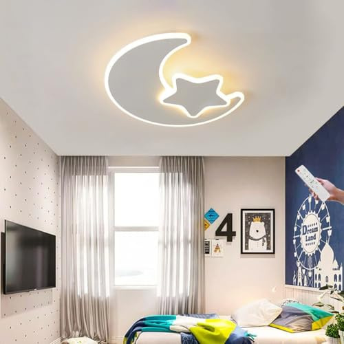 LED Deckenlampe Sterne Mond Kinderlampe Modern Deckenleuchte Dimmbar mit Fernbedienung Kinderzimmerlampe Schlafzimmer Deckenbeleuchtung aus Metall und Acryl Pendellampe für Junge Mädchen 38W-45cm