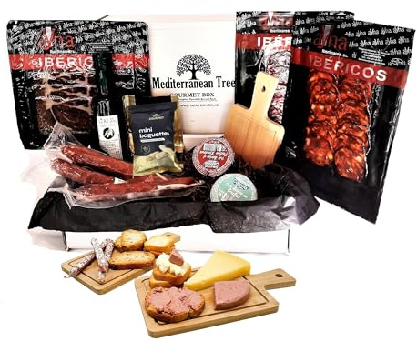 Caja Cesta Gourmet Regalo - Lote embutidos Ibericos -salchichón -chorizo -jamon + Pate Iberico de Trufa y Pedro Ximenez + 3 piezas Fuets +Aceite Oliva Virgen Extra + Picos Artesanos
