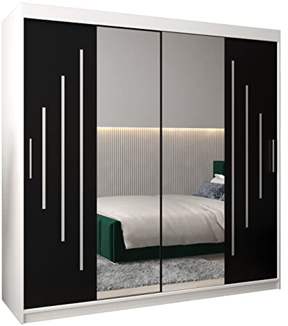 ABIKSMEBLE York 1 200 Armoire à Deux Portes Coulissantes pour Chambre à Coucher - Moderne Armoire de Rangement avec Miroir, Tringle et Étagères - 200x200x62 cm (L x H x P) - Blanc Mat + Noir Mat