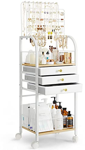 Keebofly Jewelry Organizer Stand with 3 Drawers, Large Necklace Holder & Earring Organizer Rack, Wooden Jewelry Tree Tower for Rings, Bracelets, Sunglasses and Skincare, Gift for Women, White