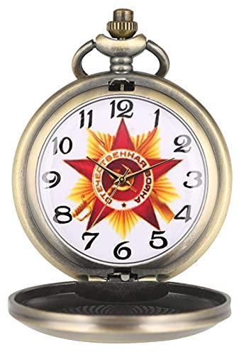 ATAAY Orologio da Taschino al Quarzo Stile Falce Martello retrò Antico dell'URSS CCCP Russia Emblema Comunismo Logo Cover Orologio in Rilievo, Catena da 80 cm