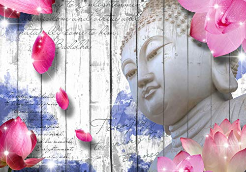 wandmotiv24 Fototapete Holz Blüten Buddha Blau, 200 x 140cm - selbstklebende Strukturtapete, Wanddeko, Wandbild, Wandtapete, Zaun, Blumen, Schrift M1590