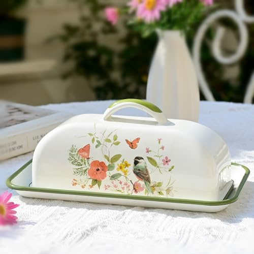 Emaille-Butterdose mit Deckel, Vintage-Emaille, Butterbehälter mit Blumen- und Vogel-Muster, Bauernhaus-Butterbehälter, Butterhalter für Arbeitsplatte, Küchendekoration