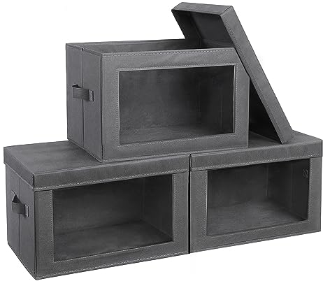 SabMak 3 Pack Storage Boxes with Lids Foldable Wardrobe Storage Organiser Box with Transparent Window Fabric Storage Cubes for Clothes, Toys, Books, Closet, Wardrobe, Office, Grey