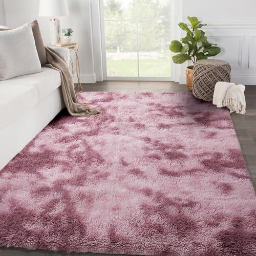 SOANNY Hochflor Teppich, Waschbar Anti-Rutsch, Flauschige Moderne Langflor Shaggy Teppich für Schlafzimmer & Kinderzimmer, Bettvorleger Matte, 150 x 240 cm, Dunkelrosa