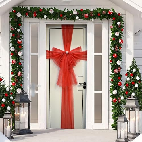 Chexin Große Rote Dekoration Weihnachtstür mit Diamante und Schleife,Türbogen Dekorativer mit Strasssteine für Weihnachten Hochzeiten Partys,Tüll-Netz Veranda Hausdekoration (Rot)