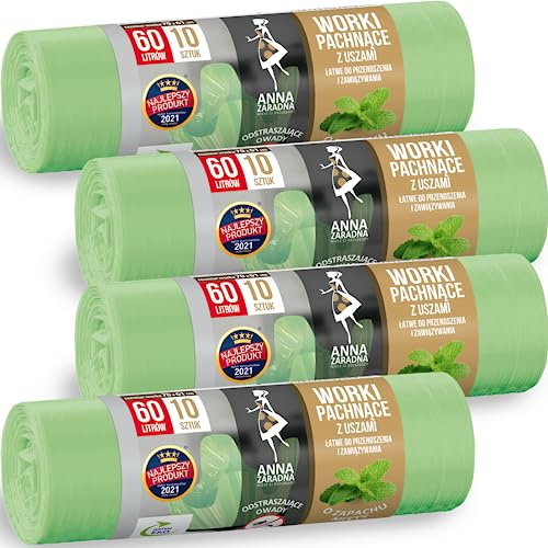 ANNA ZARADNA Mynta doftande soppåsar 60 l med handtag storpack 40 stycken - 70 x 61 cm 16 µm 100% återvunnen eucertplast - handtagslås mångsidig för hushåll och trädgård långvarig