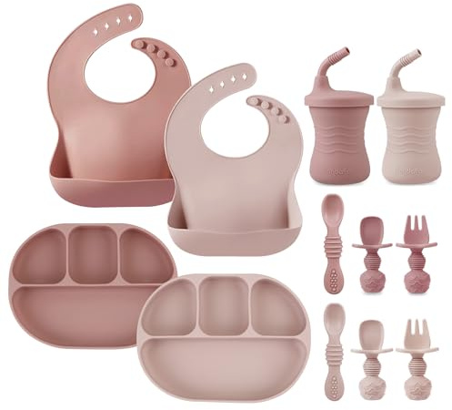 PandaEar 12PCS Baby Weaning Set| Silicone Baby Feeding Set | 2 Toddler Plates with Suction, 2 Silicone Baby Bibs, 2 Toddler Sippy Cups, 4 Baby Spoons & 2 Baby Forks for Self Feeding| Baby Eating Set