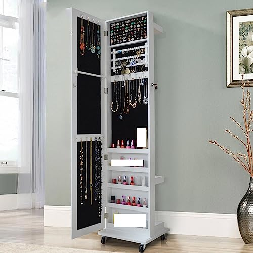 CASEGO Schmuckaufbewahrung, Ganzkörperspiegel, multifunktional, mit Rollen, kann um 360 Grad gedreht Werden, geeignet für Schlafzimmer, Wohnzimmer, Garderobe usw. (White A)