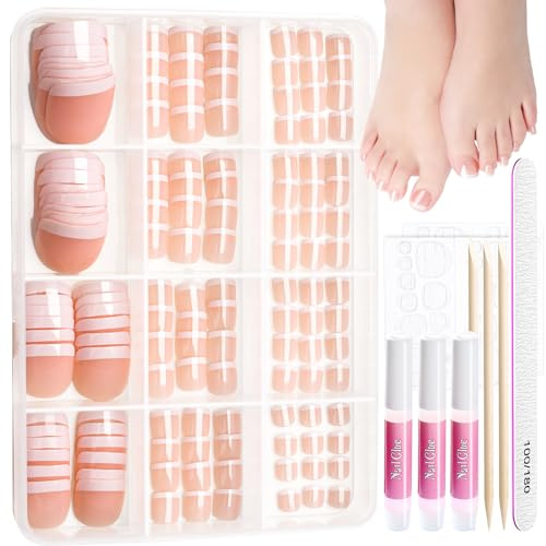 Teenitor 144pcs False Toenails with Nail Glue, 6 Sets Fake Toe Nails Stick on Toenails, French Tip Press on Toe Nails False Toe Nail Tips Set