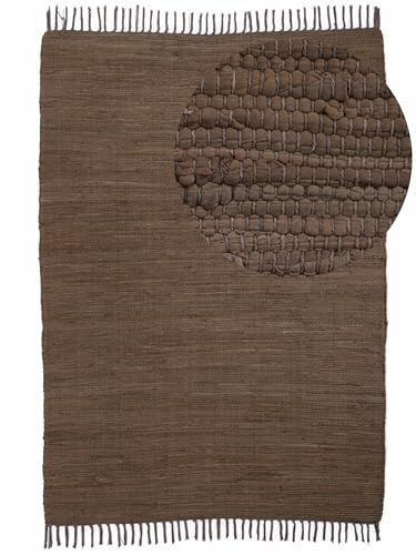 carpetfine Flickenteppich Kelim Chindi Uni Braun 60x90 cm, handgewebt | Fleckerlteppich aus Baumwolle für Wohnzimmermit Fransen