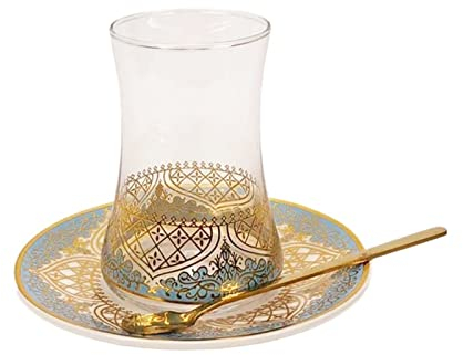 DUnLap Vidrio Taza de té Turco Tazas Conjunto platillos con Cuchara Taza de café romántico Vidrio exótico Taza Taza de té de Oro Azul decoración de la Cocina Beber Jarra Vidrio