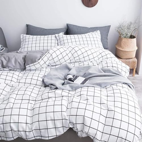 Michorinee Bettwäsche Kariert 200x200cm Schwarz Weiß Microfaser Wendebettwäsche Set Grau Weiß Karo Muster Bettbezug und 2 x Kissenbezug 80x80 cm mit Reißverschluss