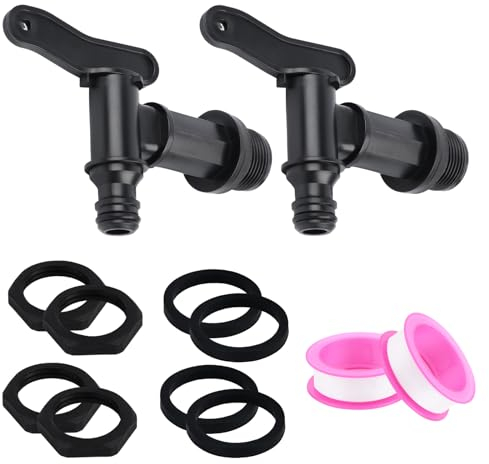 Wasserhahn für Regentonne, 2 Stück Auslaufhahn 3/4 Zoll Regentonne Hahn Kunststoff Ersatzhahn mit Dichtung Kontermutter Dichtband, für Heim Garten Regenfass Regenwassertonne Wassertank