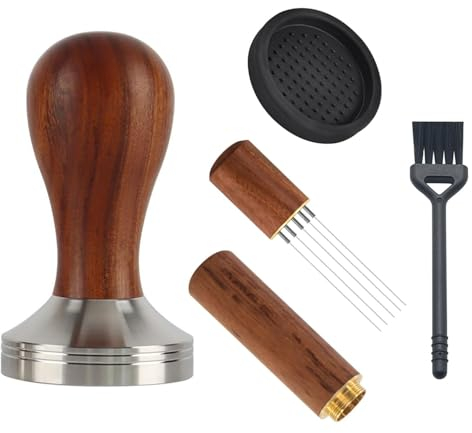 NIYATA 4Pcs Coffee Tamper Set, Solid Wood Coffee Tampers Handle 51 mm,Coffee Press Tool Small Round Pad Black,Cleaning Brush Black,Coffee Powder Needle,Barista Accessories,Brown