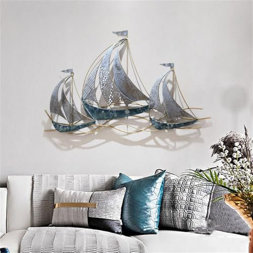Wanddekoration, 3D-Segelboot aus Metall, 86,4 cm L x 54,4 cm H, großes Segelboot, Schiff, Wandskulpturen, handgefertigt, Strandschiff für Wohnzimmer, Schlafzimmer